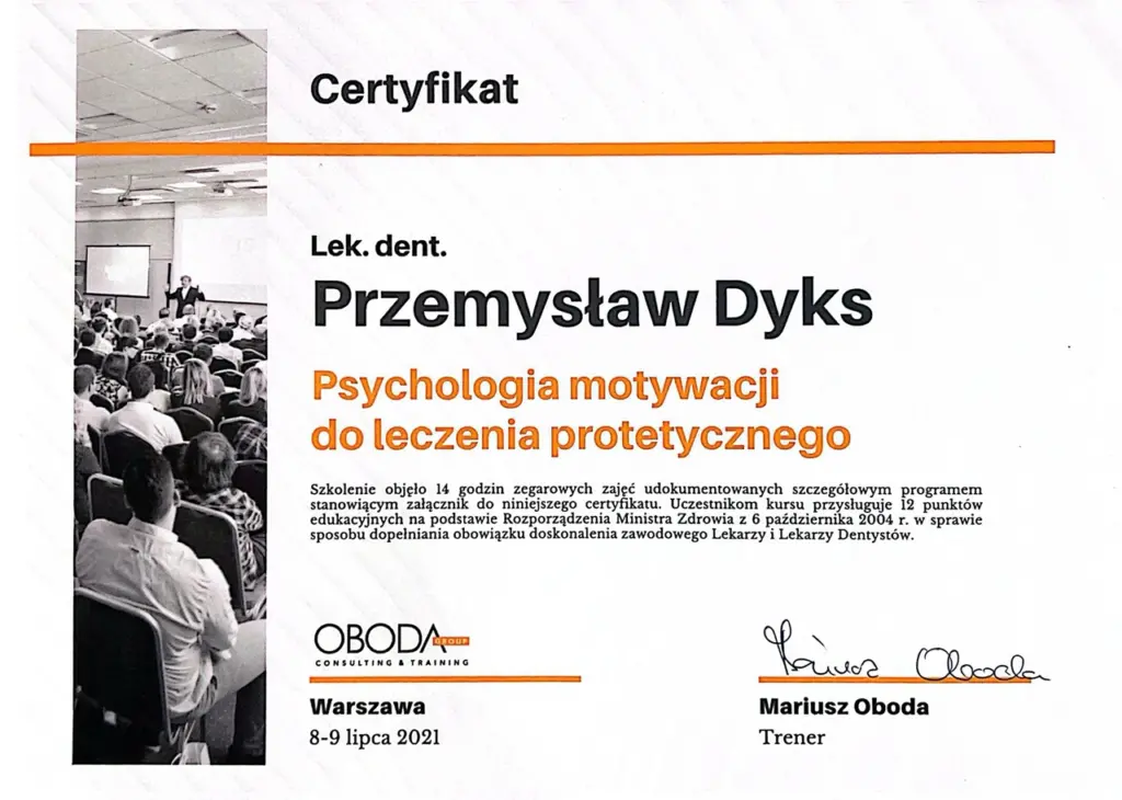 Przemysław Dyks - lekarz dentysta - dentist- certyfikat/ certificate